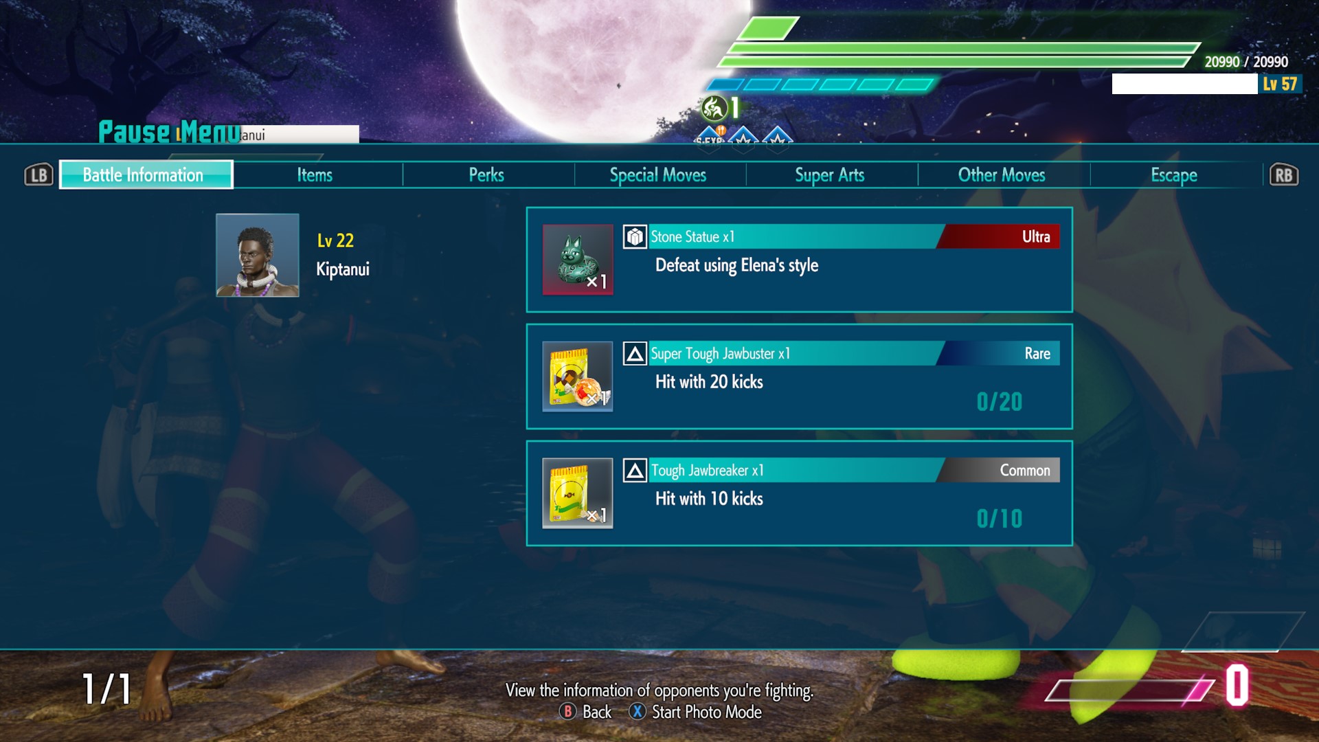 The Pause Menu’s Battle Information tab is displayed during a fight against the NPC Kiptanui.
