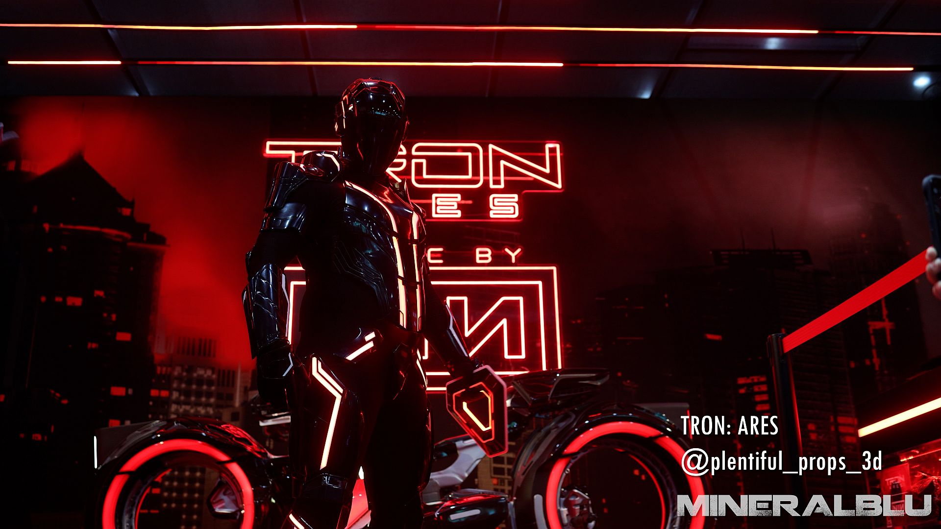 A Tron Ares costume, complete with light bike.
