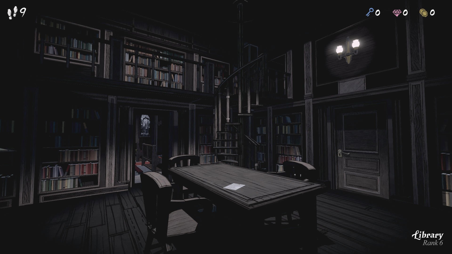 A screenshot of the Library in Blue Prince. The room is darker as a result of being in Curse Mode.