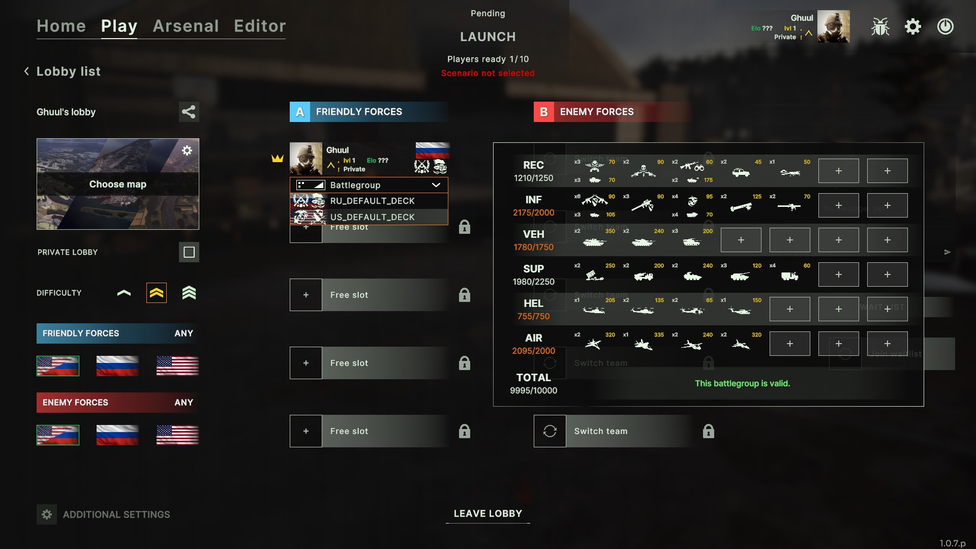 The US starter deck option in Skirmish in Broken Arrow.