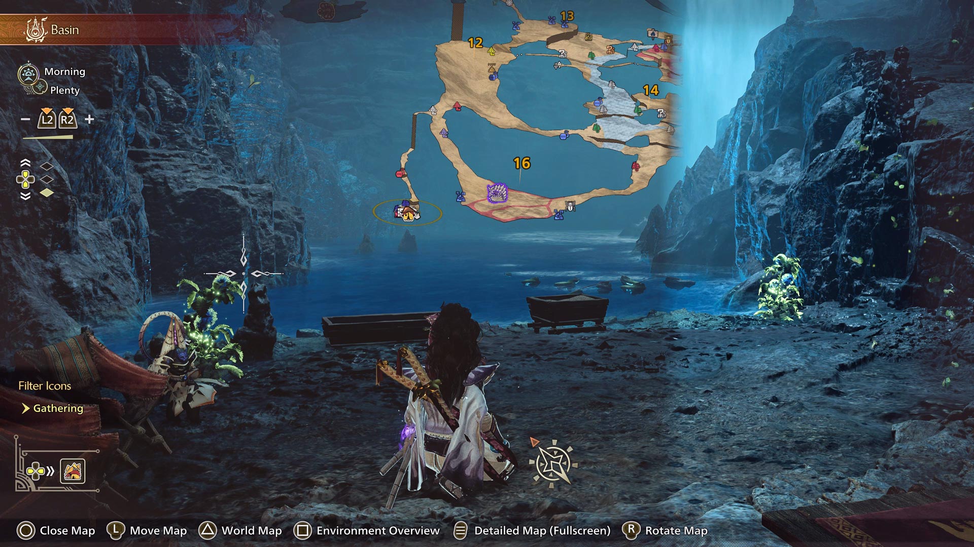 A hunter and their Palico crouch at a campsite next to a small stream with fish.