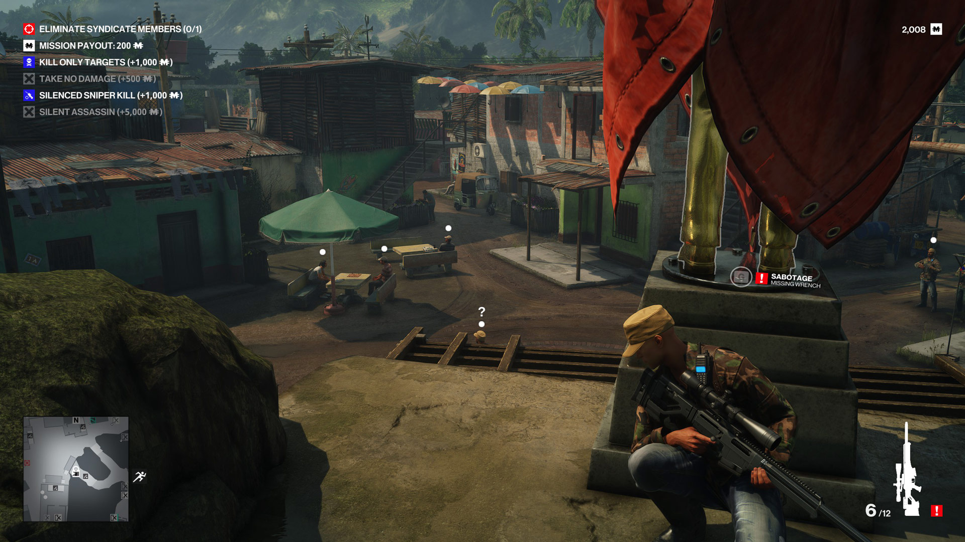 Agent 47 hides behind a statue while holding a sniper rifle.