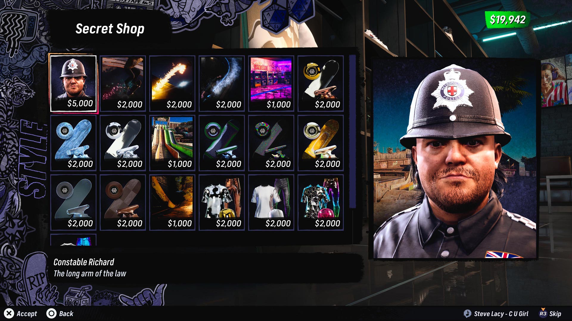 The Secret Shop screen, highlighting Constable Richard.