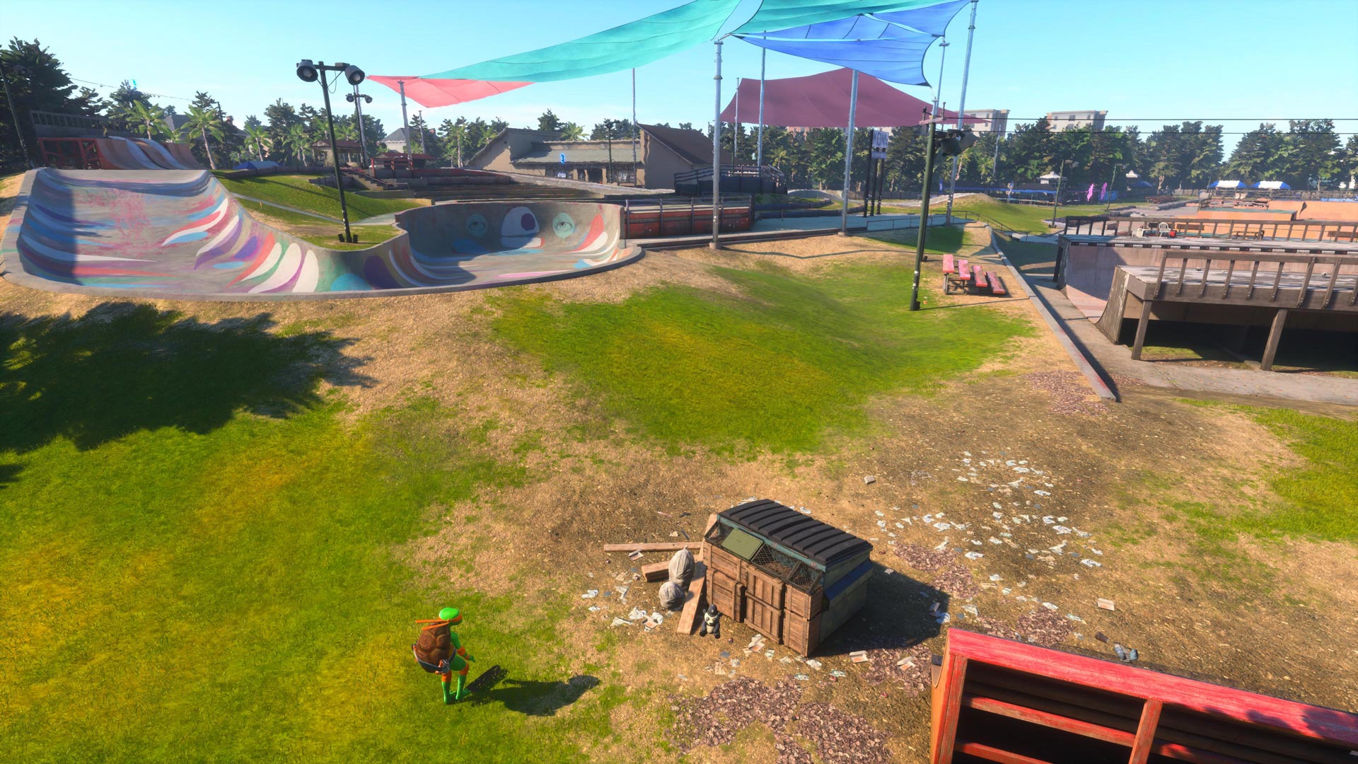 Michelangelo approaches a dumpster.