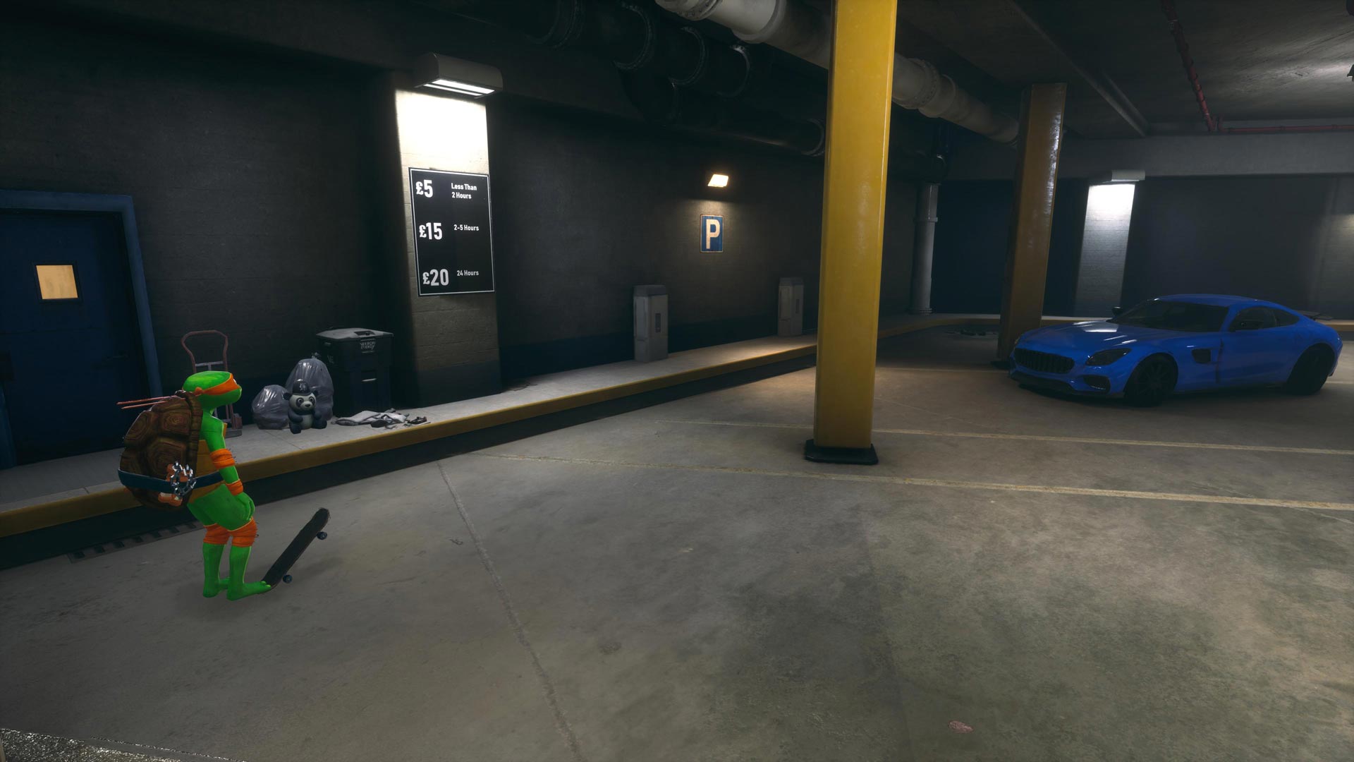 Michelangelo points toward the panda plush.