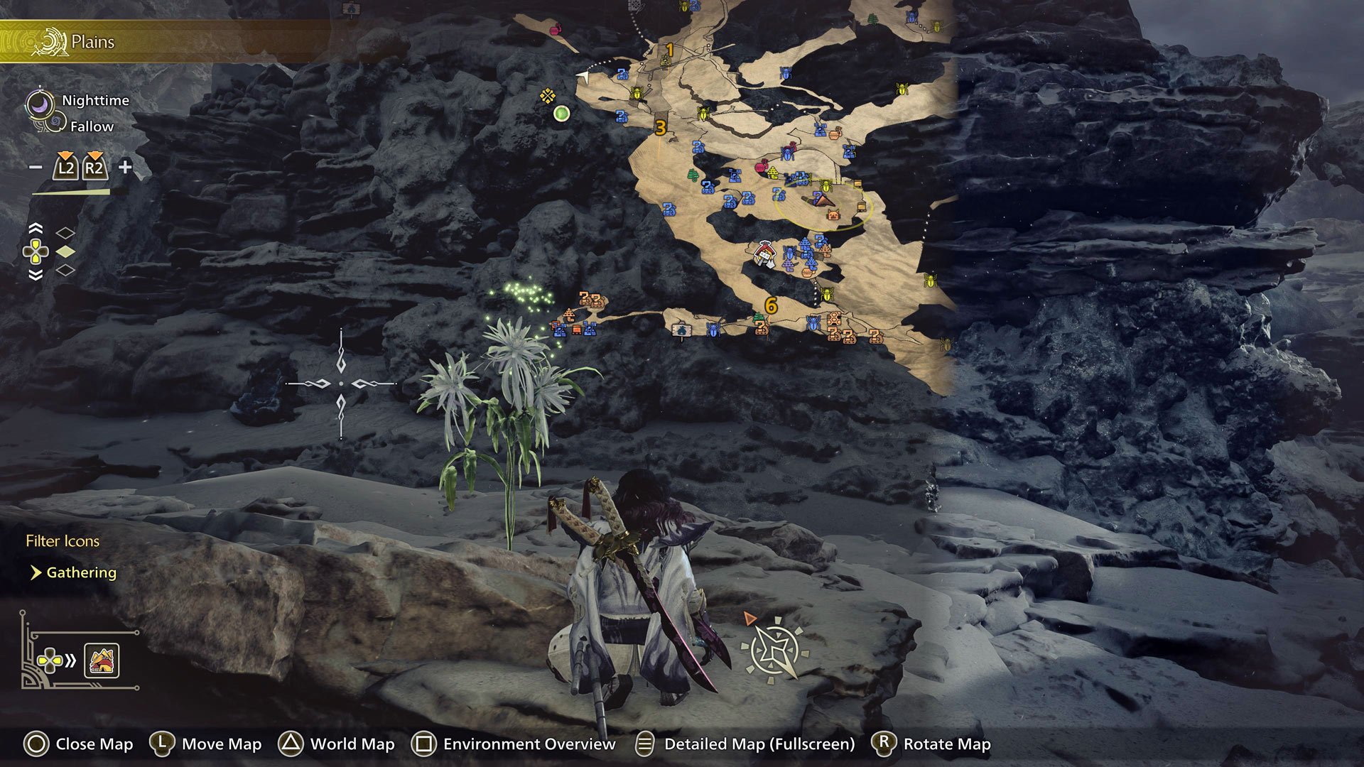 An Ephemeral Blossom blooms next to a kneeling hunter.