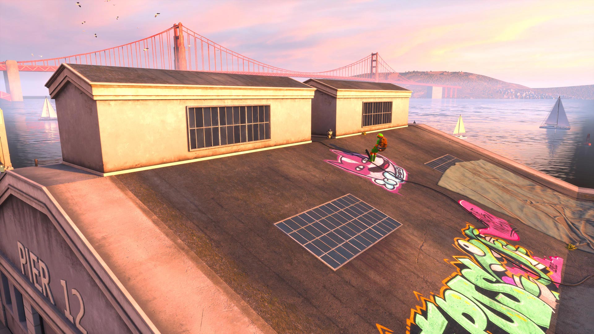 Michelangelo ollies over a police car.