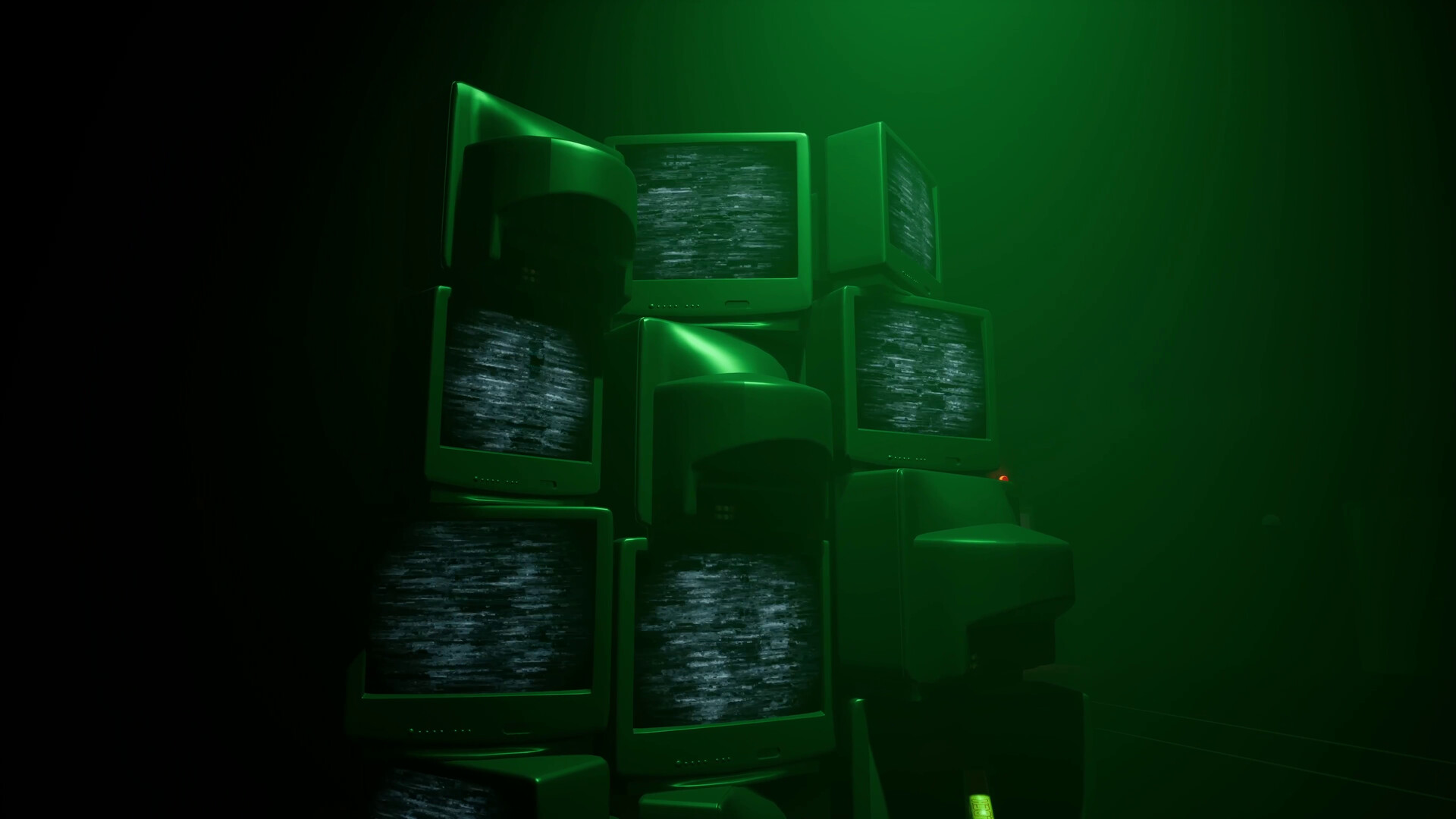 A stack of CRTs monitor show static.