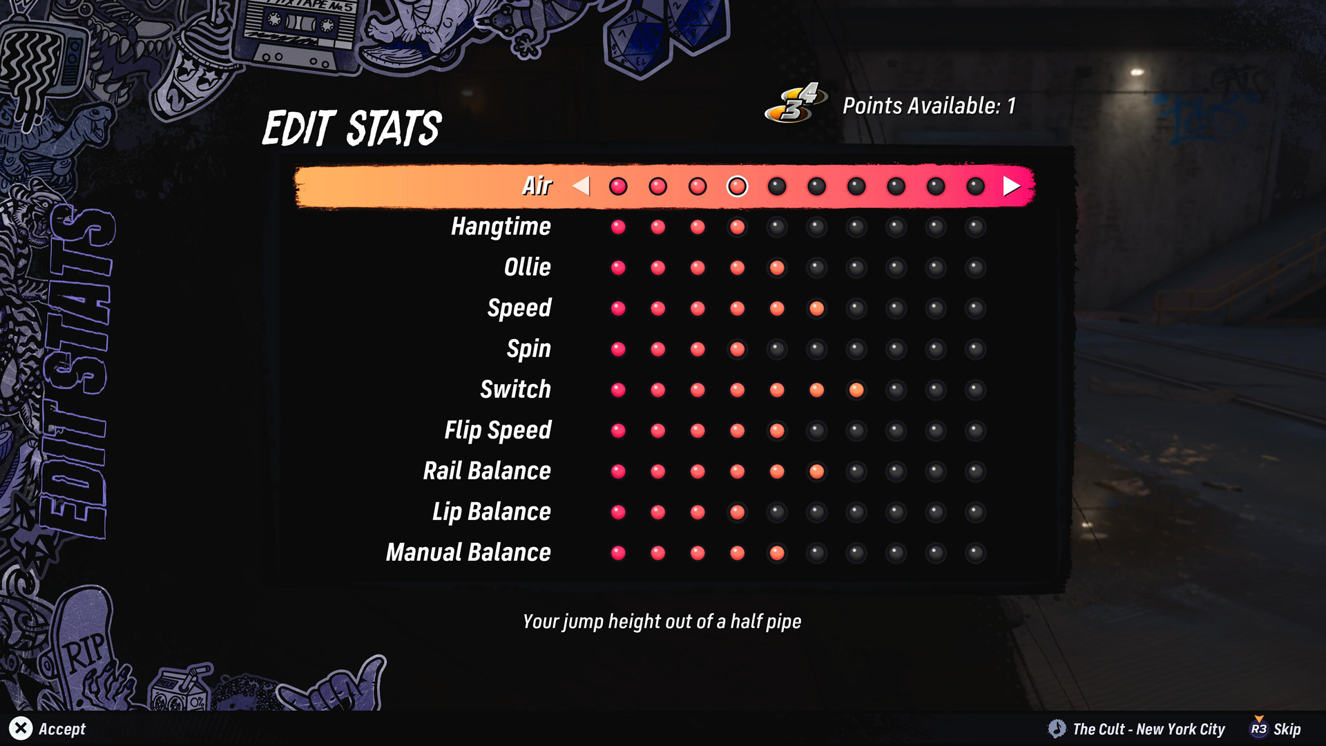The Edit Stats screen for a skater.