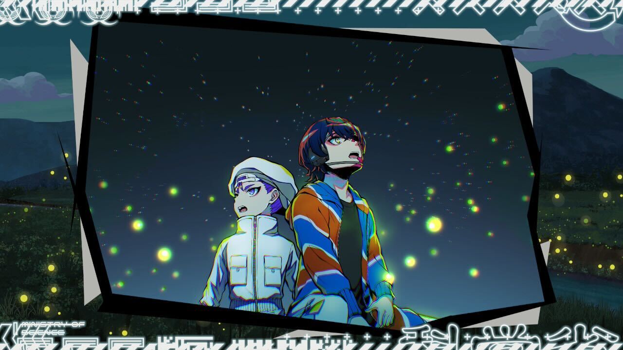 Rei and Ku look up as fireflies surround them.