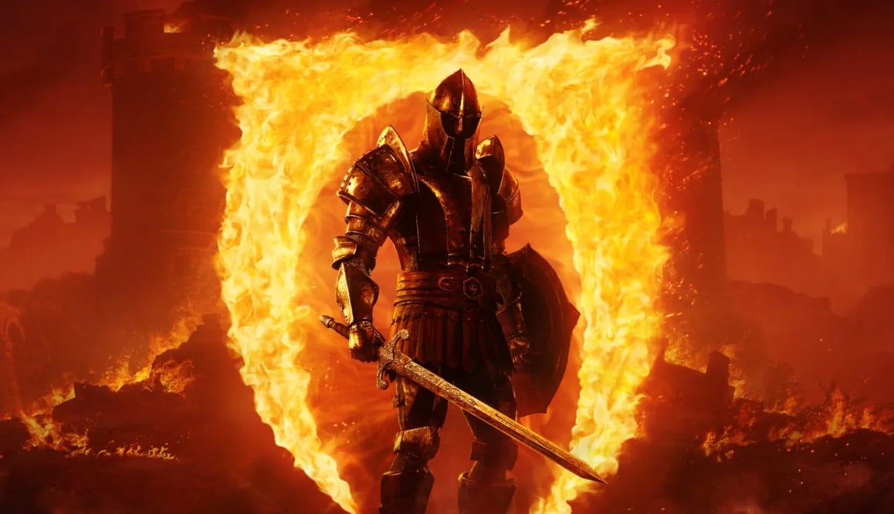 A knight comes out of a red portal.