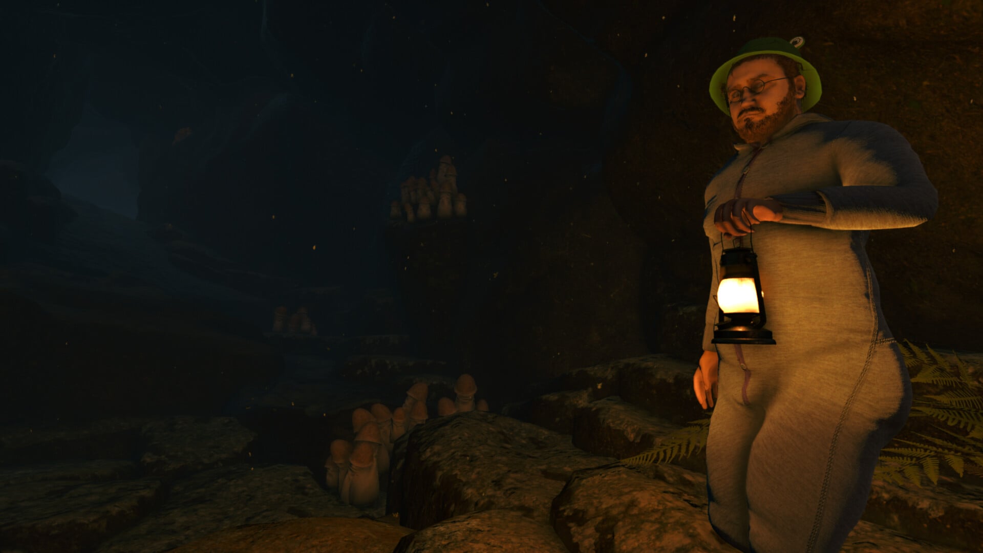 The protagonist of Baby Steps holds a lantern in the dark.