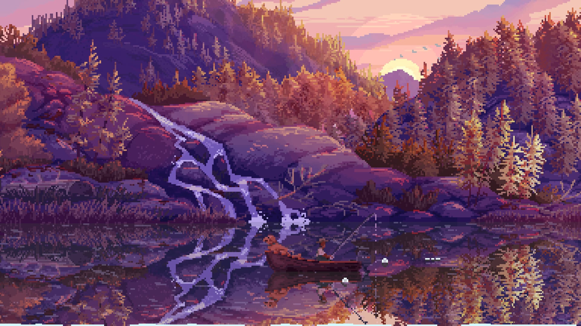 Pixel art shows a fishing trip. 